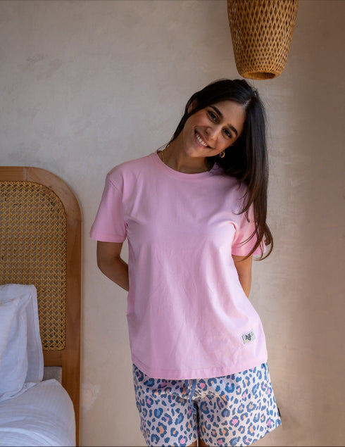 Women Summer Pajama set Rose T-shirt + Leopard Short
